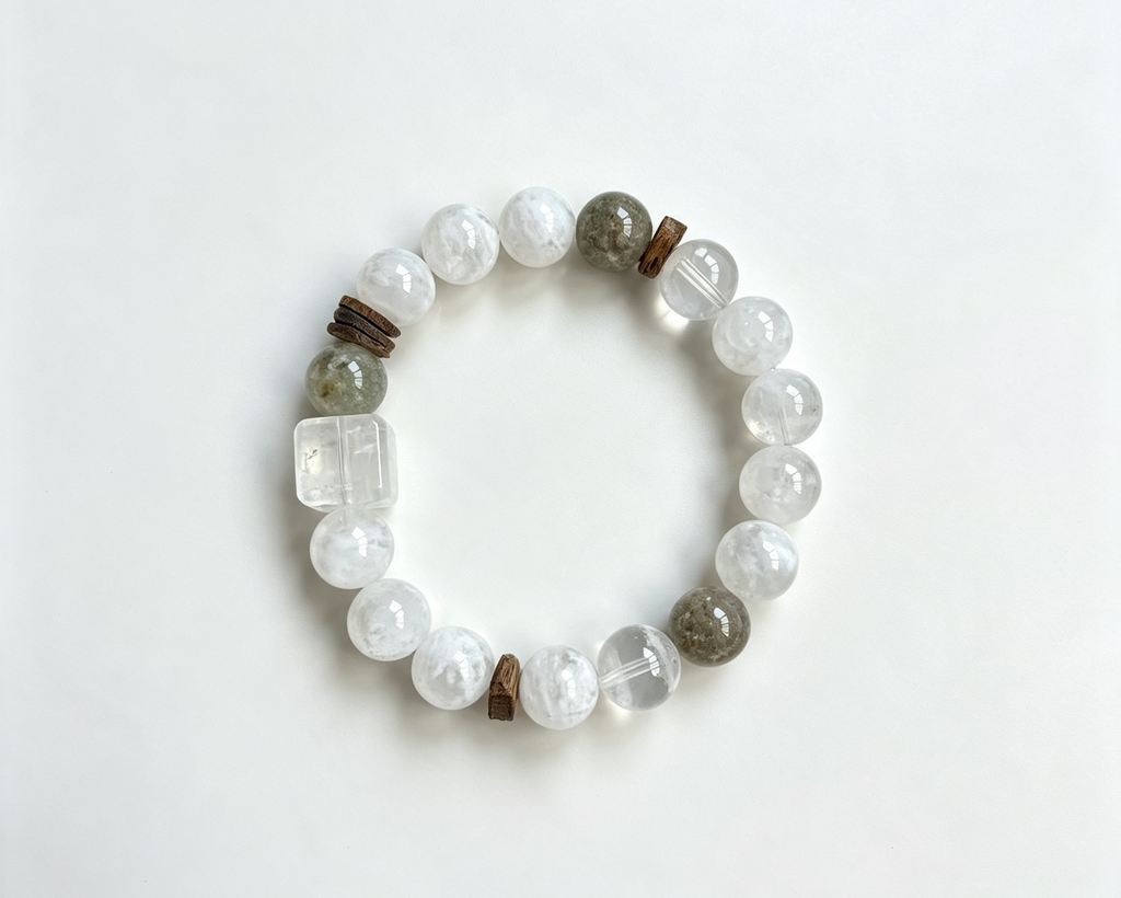 White Mist Round Bead Bracelet With Wooden Spacers & Clear Square Accent Bead, Neutral Oriental Minimal Bracelet
