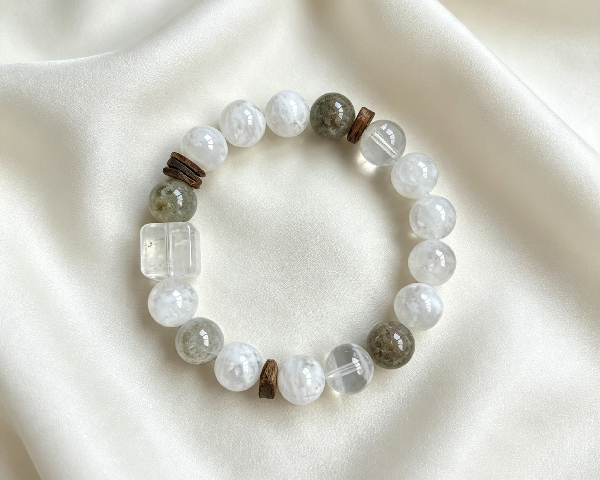 White Mist Round Bead Bracelet With Wooden Spacers & Clear Square Accent Bead, Neutral Oriental Minimal Bracelet