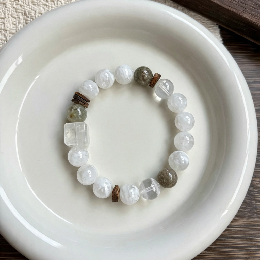 White Mist Round Bead Bracelet With Wooden Spacers & Clear Square Accent Bead, Neutral Oriental Minimal Bracelet