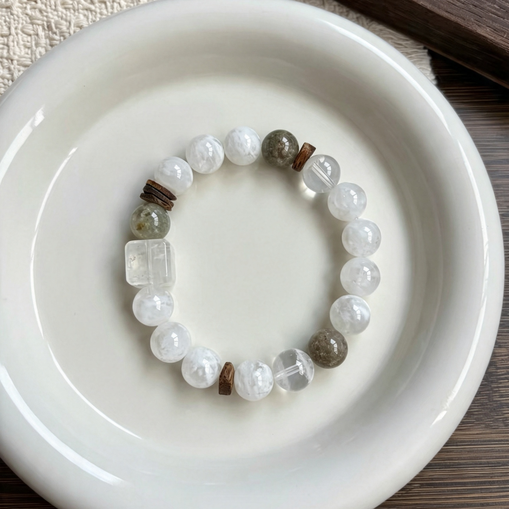 White Mist Round Bead Bracelet With Wooden Spacers & Clear Square Accent Bead, Neutral Oriental Minimal Bracelet