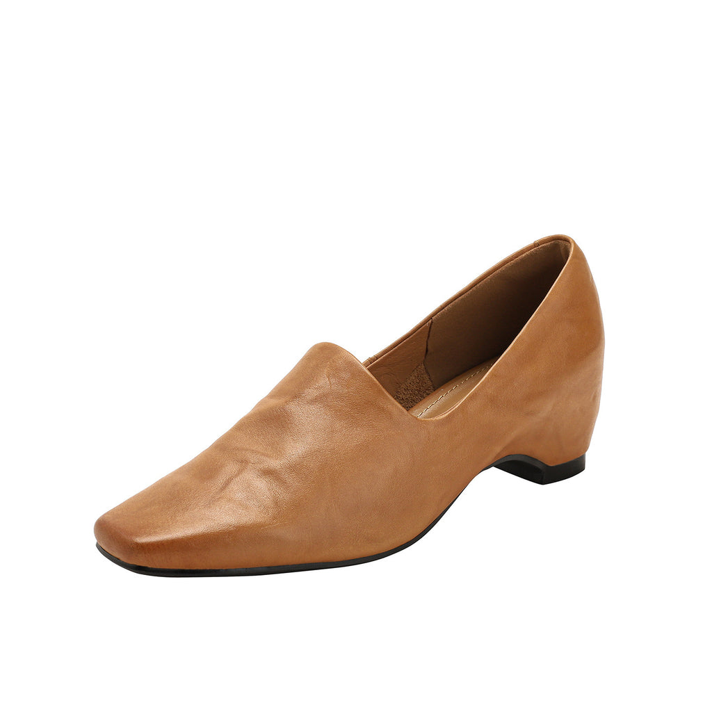 Square Toe V‑Cut Wedge Loafer Pumps, Soft Leather Slip‑On Low Wedge Heel Dress Shoes for Women