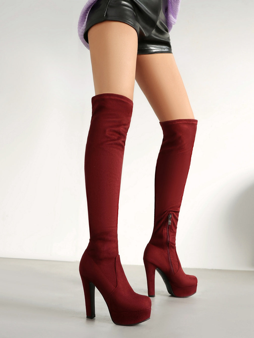 Women's Faux Suede Over‑The‑Knee Platform Thigh High Boots, Stretch Slim Fit Chunky Block Heel Long Boots, Side Zipper Nightclub Party Heeled Boots