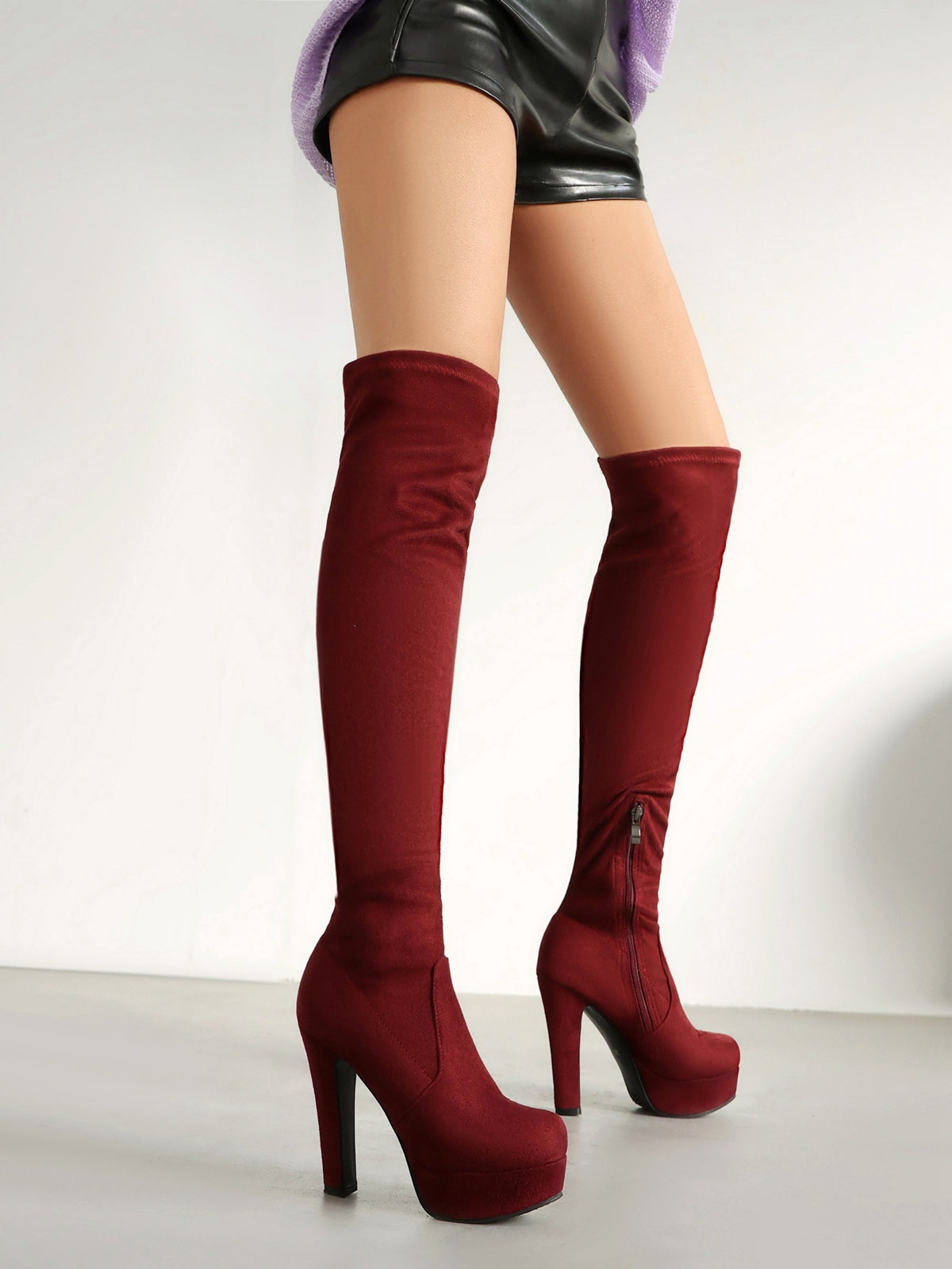 Women's Faux Suede Over‑The‑Knee Platform Thigh High Boots, Stretch Slim Fit Chunky Block Heel Long Boots, Side Zipper Nightclub Party Heeled Boots