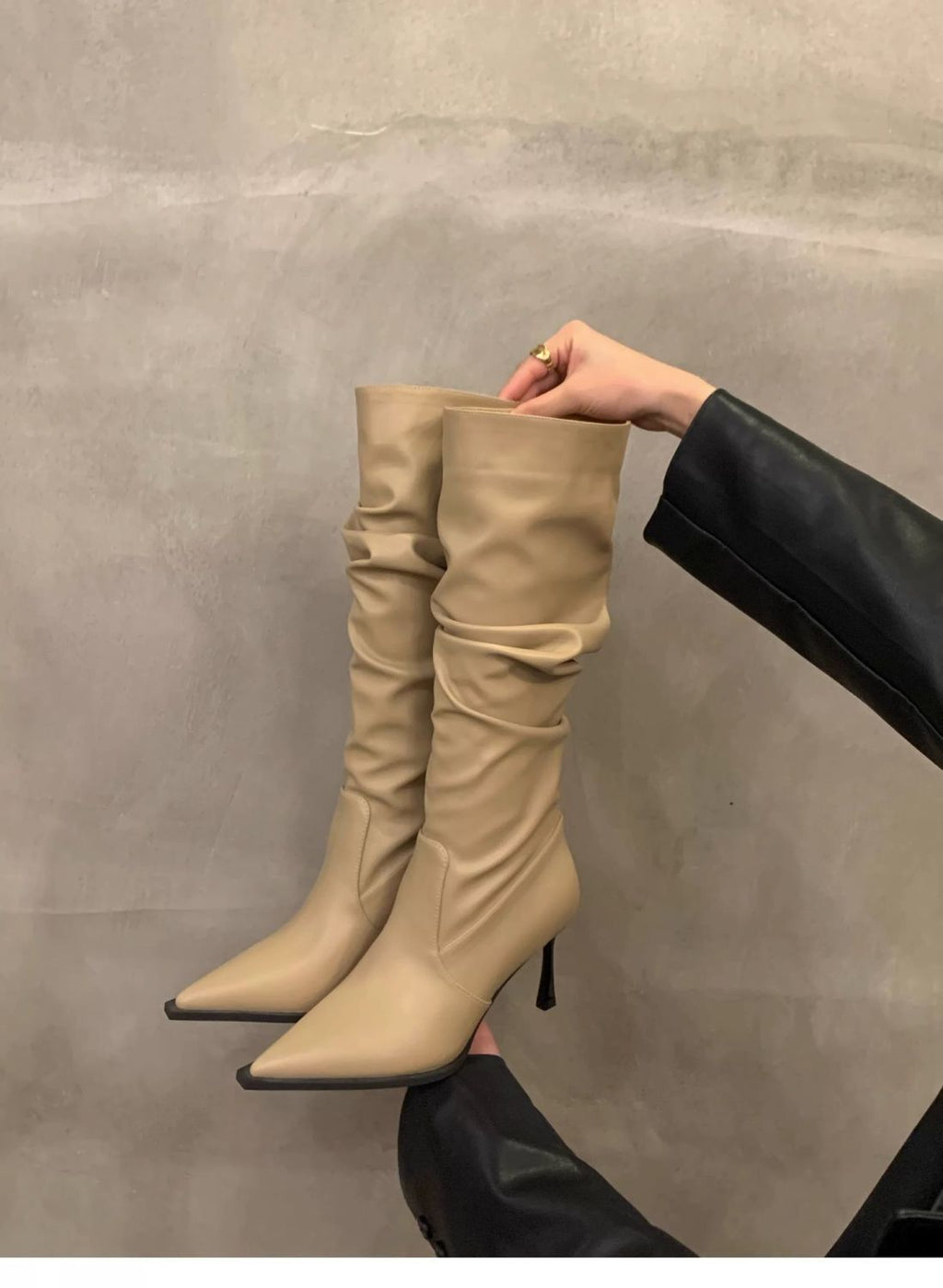 Women's Faux Leather Pointed Toe Knee High Boots, Slouchy Stiletto Heel Tall Boots, Pull On Chunky Thin Heel Dress Boots, Black Off White Khaki Fall Winter Footwear