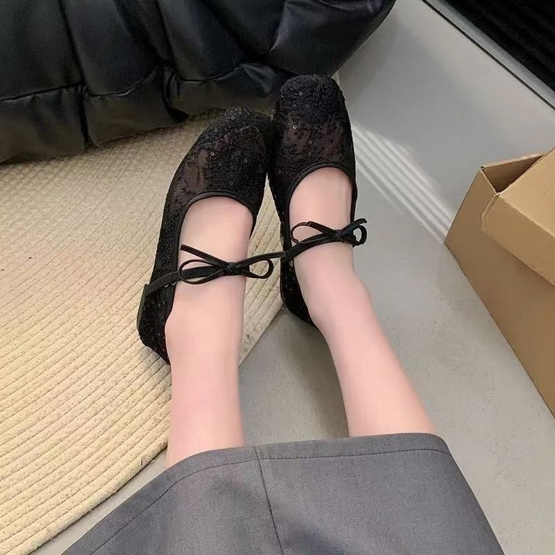 Lace Mesh Embroidered Bow Mary Jane Ballet Flats, Square Toe Strappy Flat Shoes, Elegant Breathable Slip‑On Dress Shoes for Women