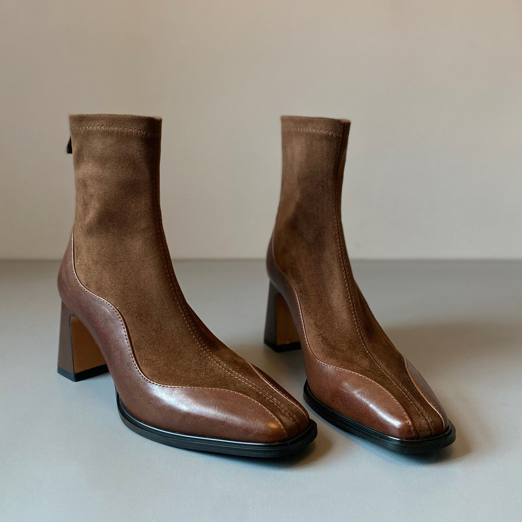 Women's Square Toe Patent Leather Spliced Ankle Boots, Stretch Sock Booties, Chunky Block Heel Back Zip Short Boots, Black Brown Elegant Fall Winter Boots