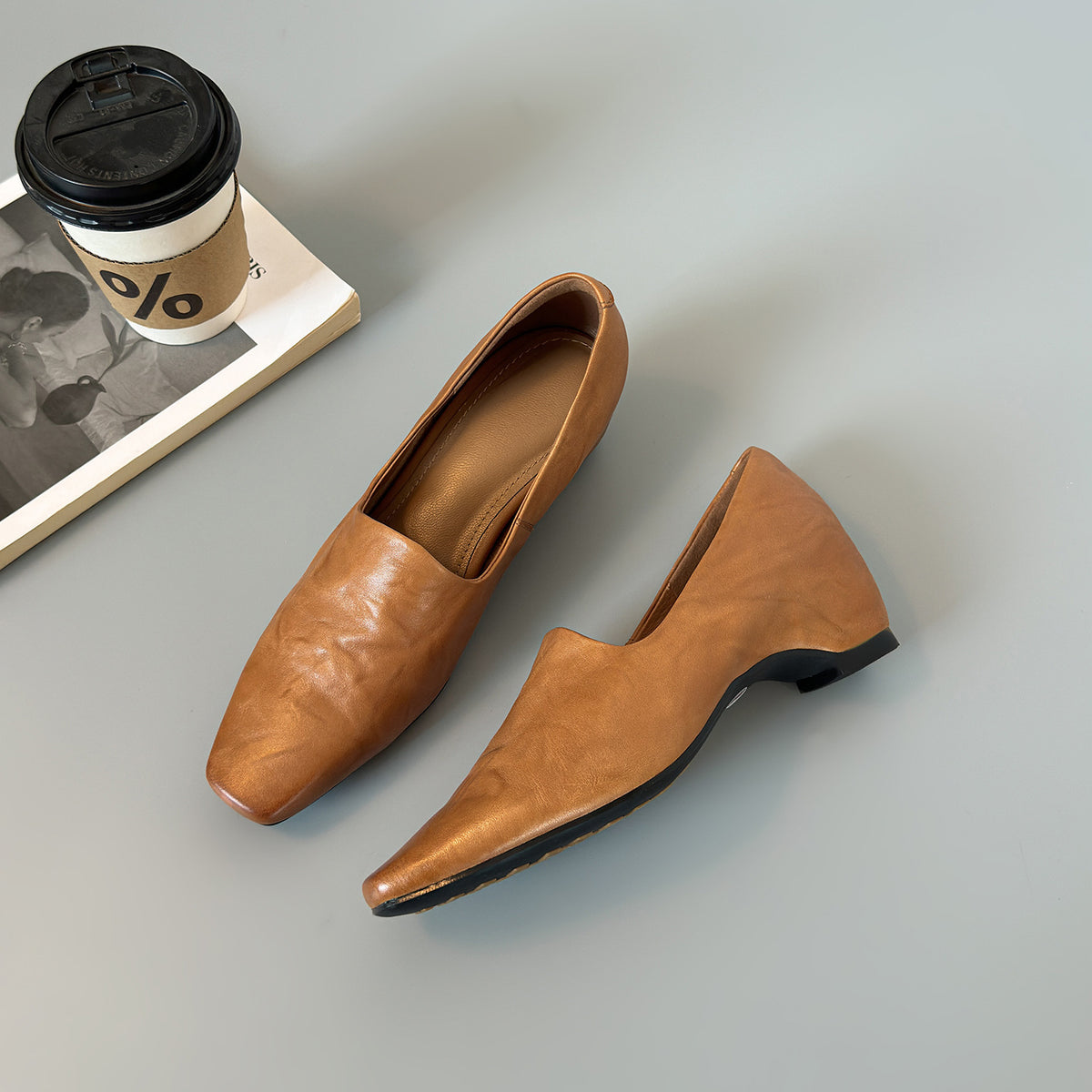 Square Toe V‑Cut Wedge Loafer Pumps, Soft Leather Slip‑On Low Wedge Heel Dress Shoes for Women