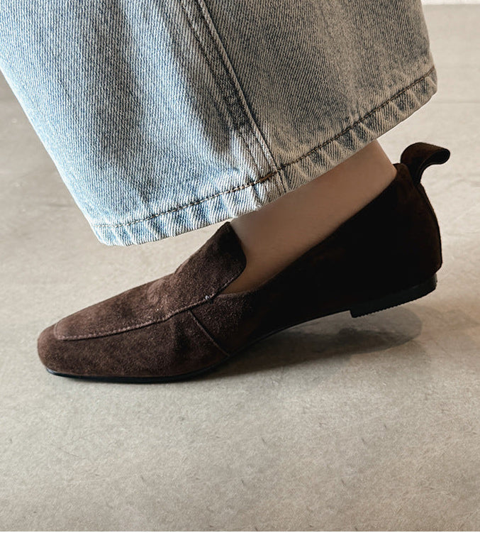 Women's Square Toe Soft Loafers, Back Elastic Slip‑On Flat Shoes, Faux Suede & Leather Casual Vintage Loafer Flats, Black Brown Daily Office Shoes
