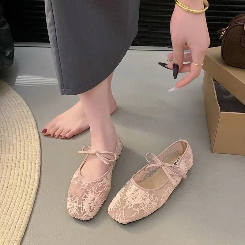 Lace Mesh Embroidered Bow Mary Jane Ballet Flats, Square Toe Strappy Flat Shoes, Elegant Breathable Slip‑On Dress Shoes for Women