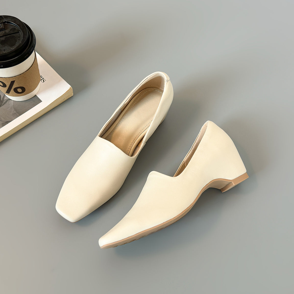 Square Toe V‑Cut Wedge Loafer Pumps, Soft Leather Slip‑On Low Wedge Heel Dress Shoes for Women