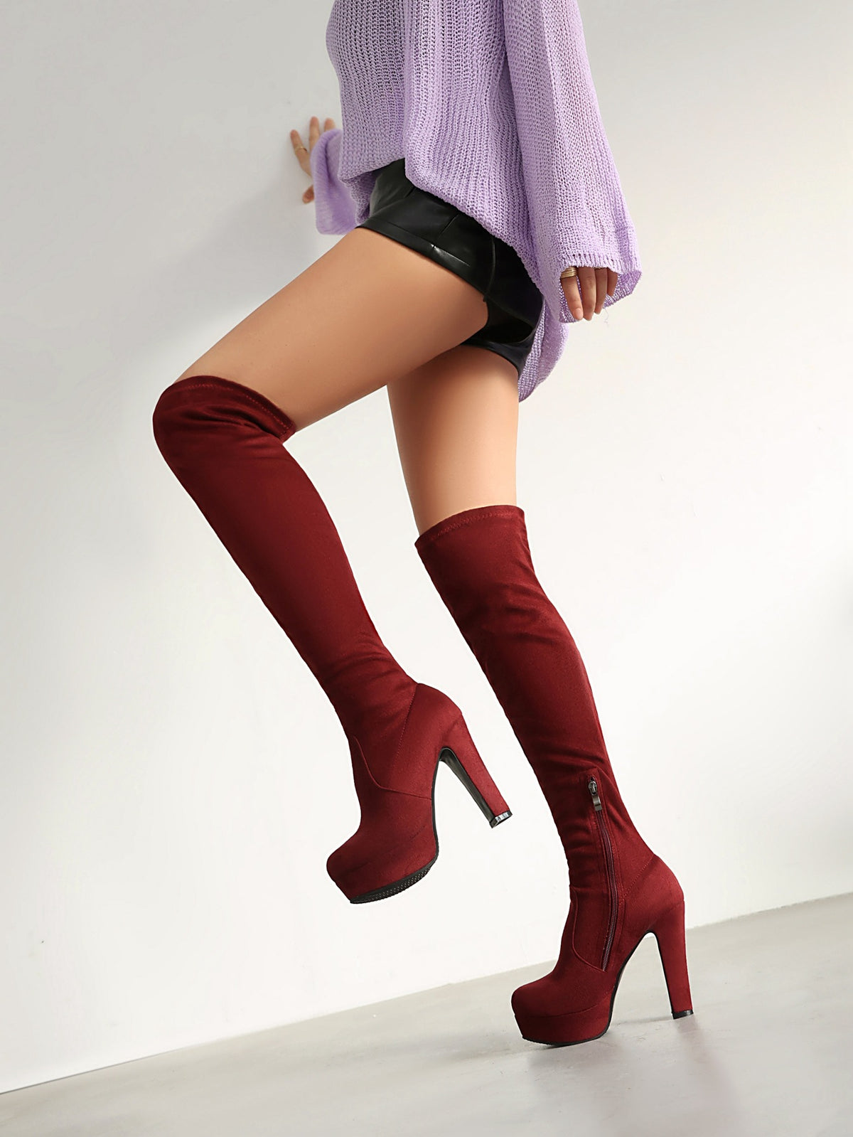 Women's Faux Suede Over‑The‑Knee Platform Thigh High Boots, Stretch Slim Fit Chunky Block Heel Long Boots, Side Zipper Nightclub Party Heeled Boots