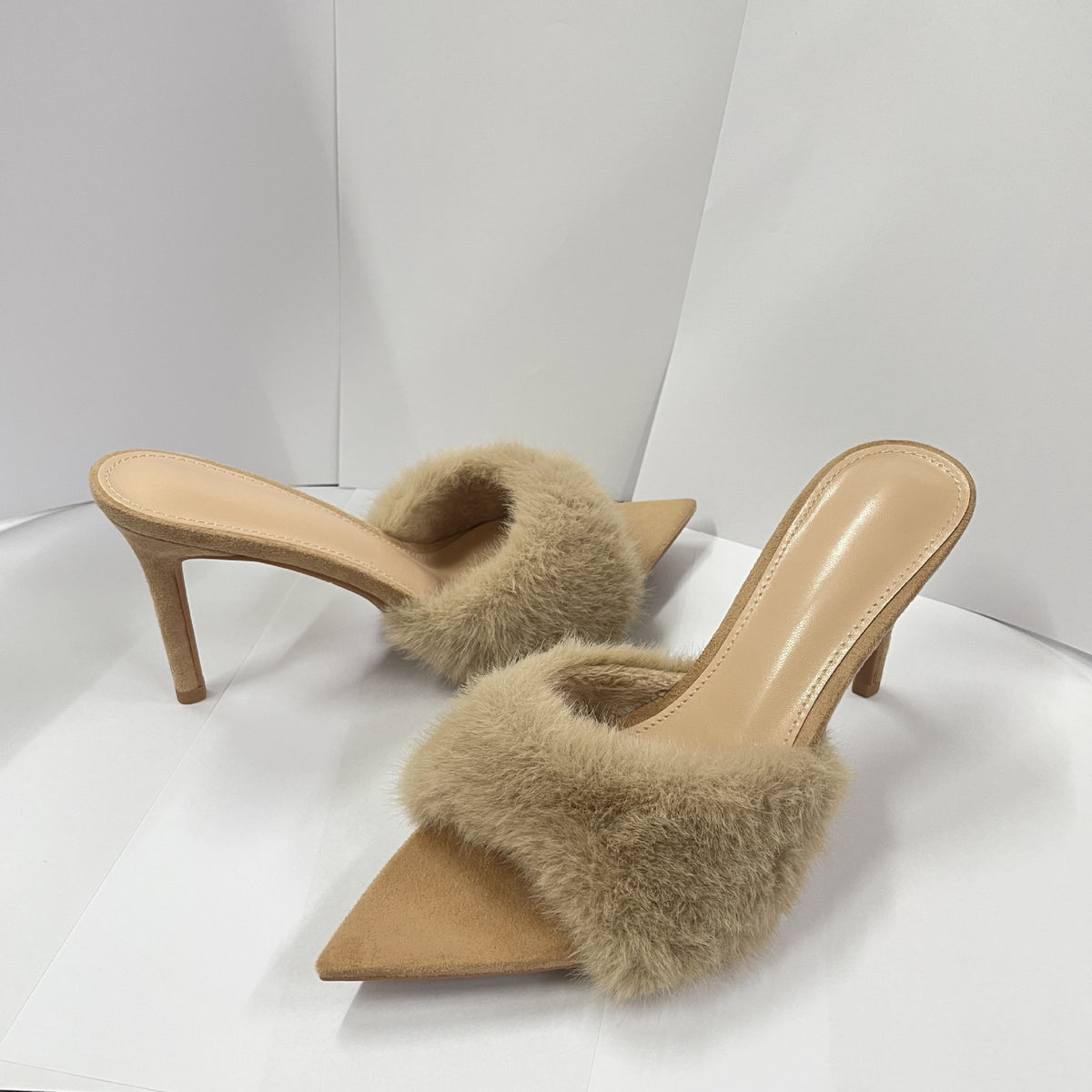 Women's Pointed Toe Faux Fur Stiletto Heel Mule Sandals, Fluffy One Band Slip On High Heel Dress Shoes, Nude Black Leopard Print Party Heels for Ladies