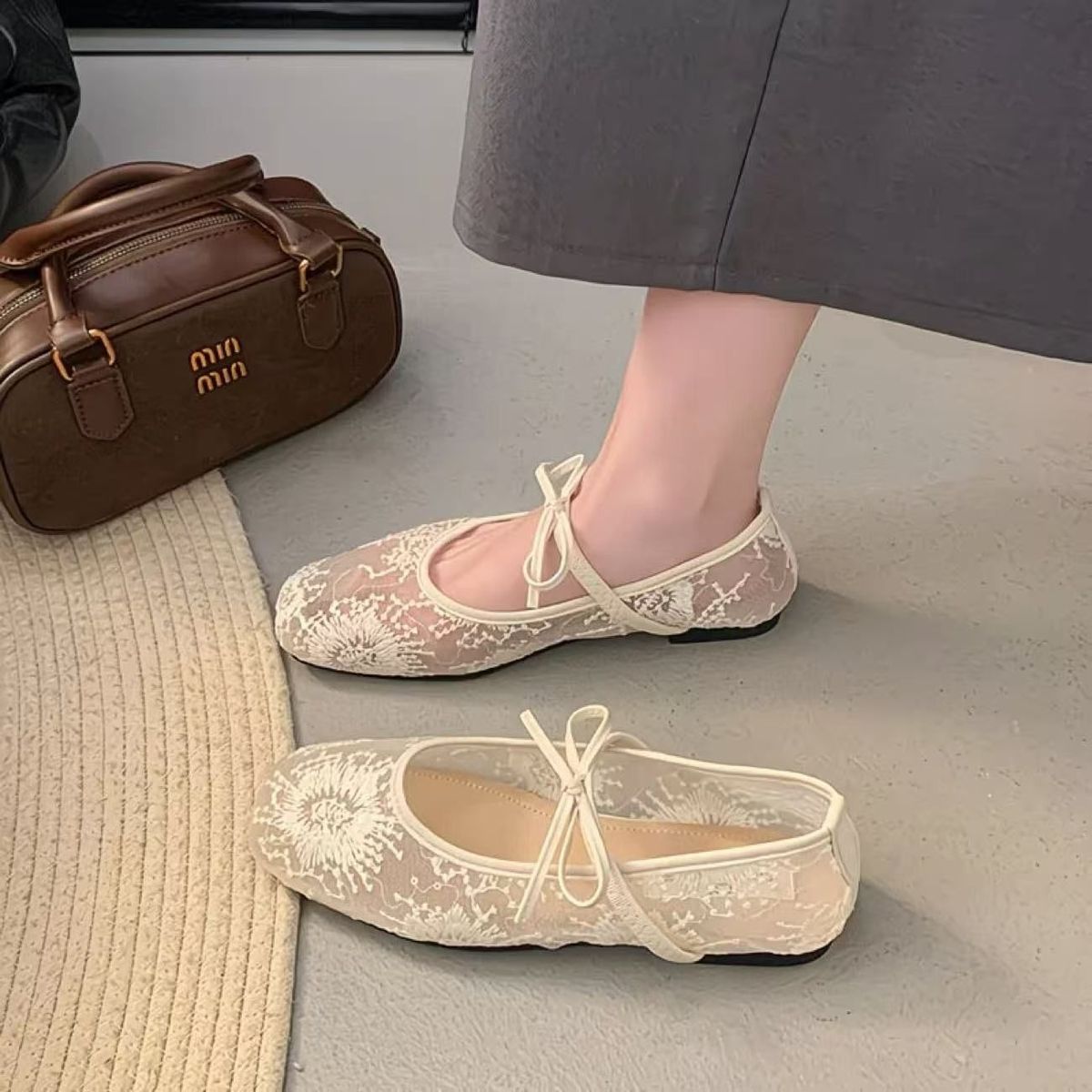 Lace Mesh Embroidered Bow Mary Jane Ballet Flats, Square Toe Strappy Flat Shoes, Elegant Breathable Slip‑On Dress Shoes for Women