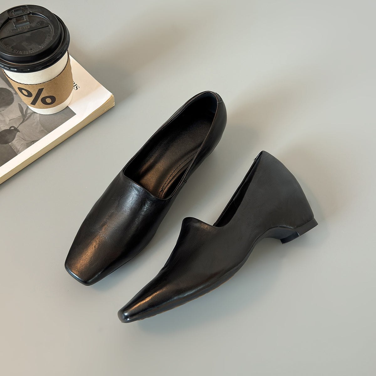 Square Toe V‑Cut Wedge Loafer Pumps, Soft Leather Slip‑On Low Wedge Heel Dress Shoes for Women