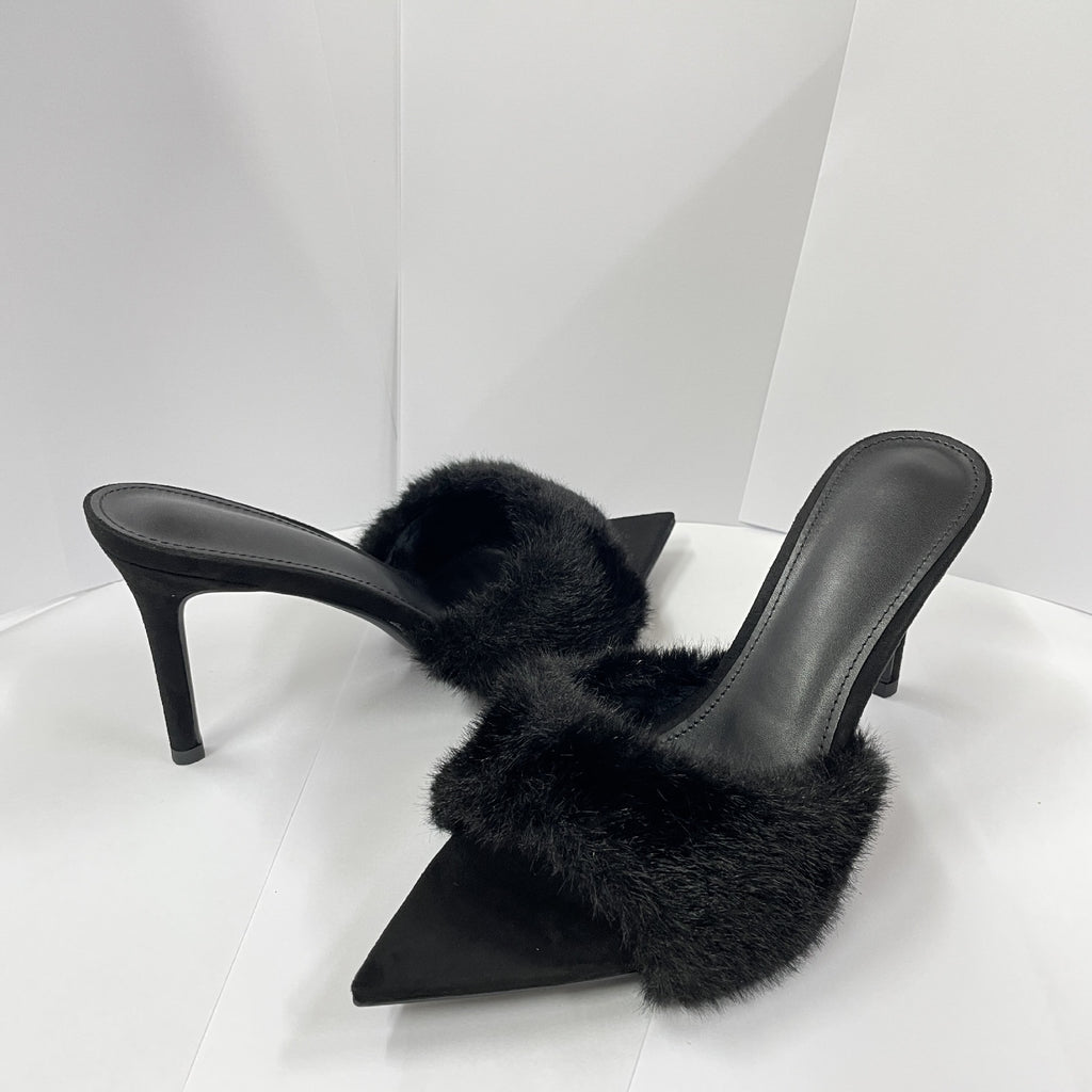 Women's Pointed Toe Faux Fur Stiletto Heel Mule Sandals, Fluffy One Band Slip On High Heel Dress Shoes, Nude Black Leopard Print Party Heels for Ladies