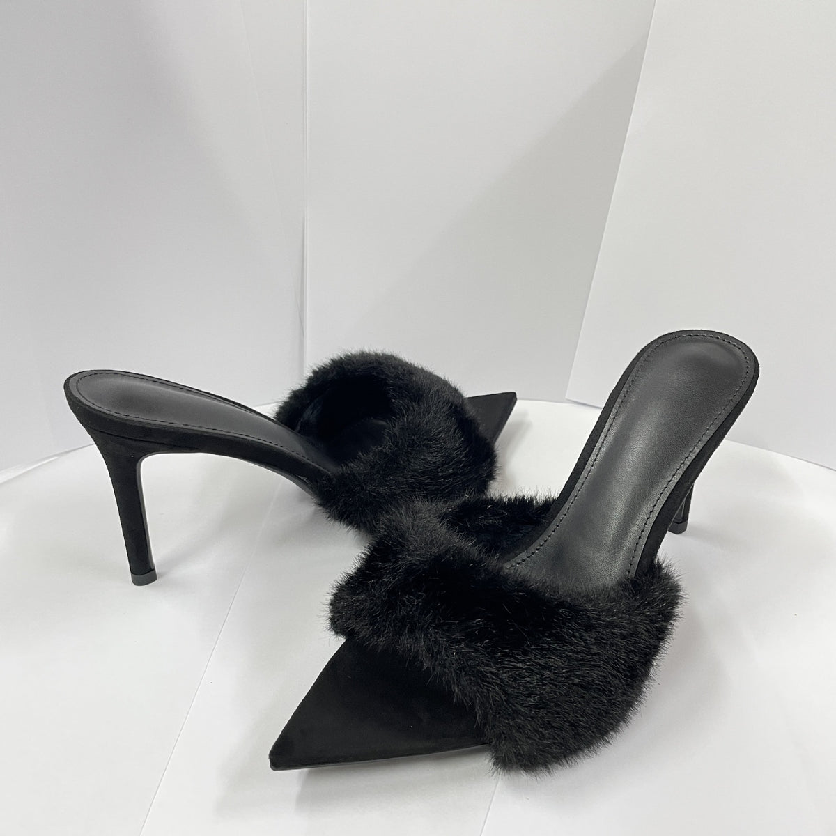 Women's Pointed Toe Faux Fur Stiletto Heel Mule Sandals, Fluffy One Band Slip On High Heel Dress Shoes, Nude Black Leopard Print Party Heels for Ladies