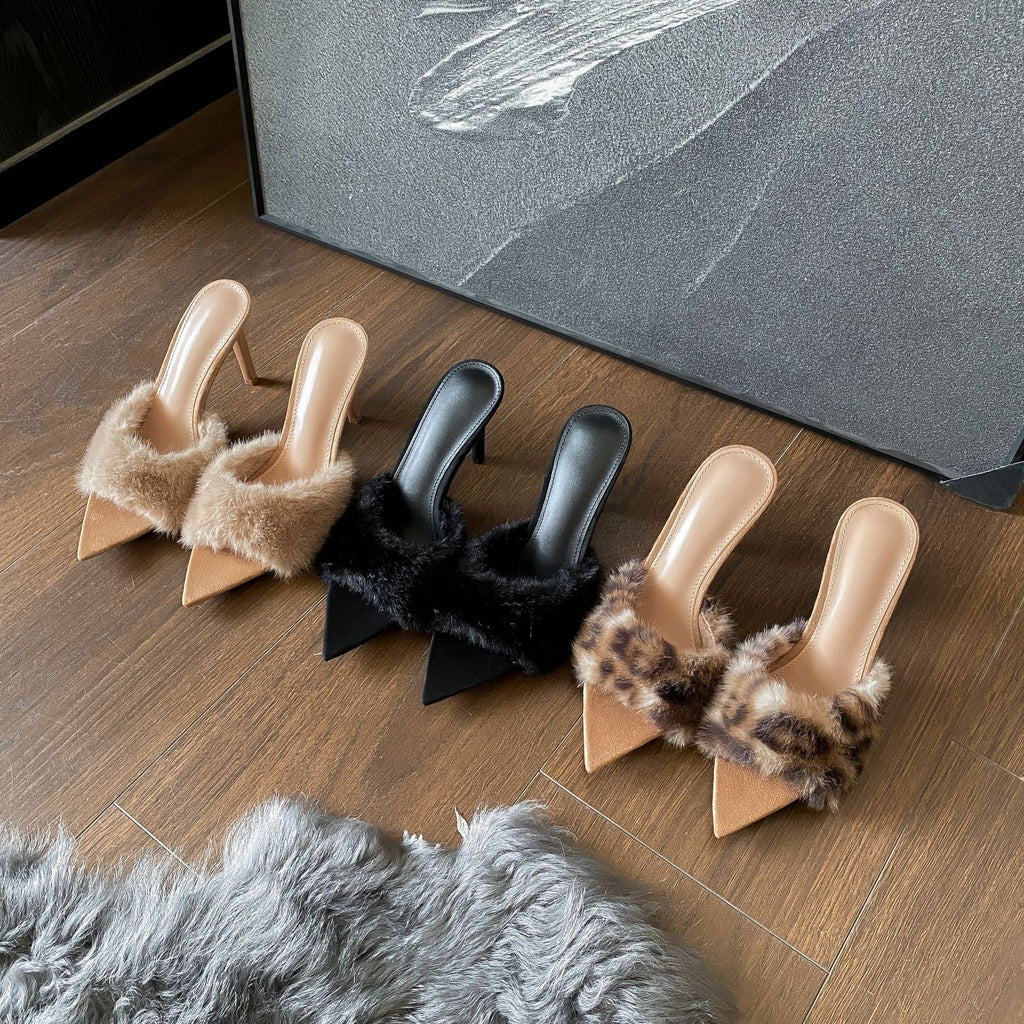 Women's Pointed Toe Faux Fur Stiletto Heel Mule Sandals, Fluffy One Band Slip On High Heel Dress Shoes, Nude Black Leopard Print Party Heels for Ladies