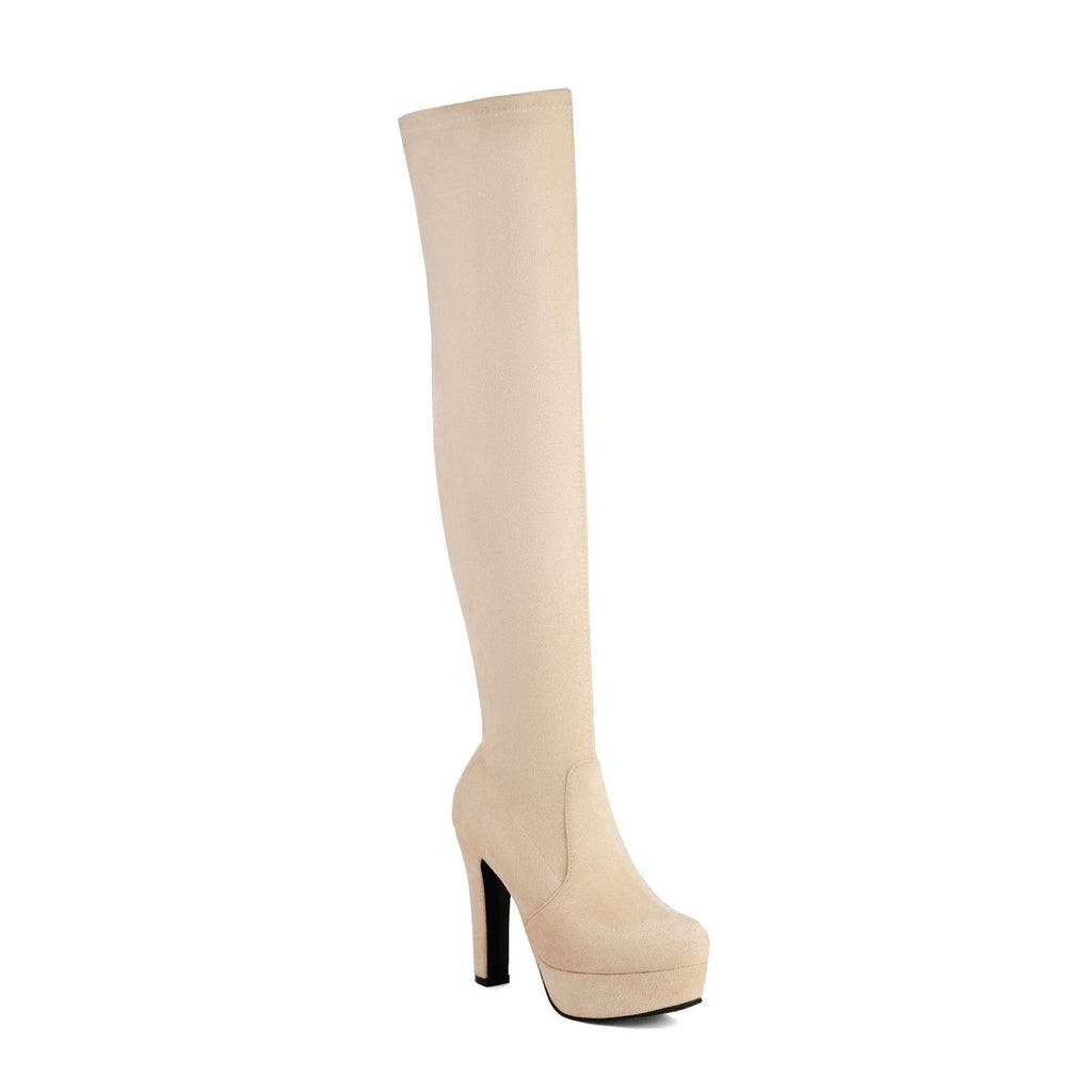 Women's Faux Suede Over‑The‑Knee Platform Thigh High Boots, Stretch Slim Fit Chunky Block Heel Long Boots, Side Zipper Nightclub Party Heeled Boots