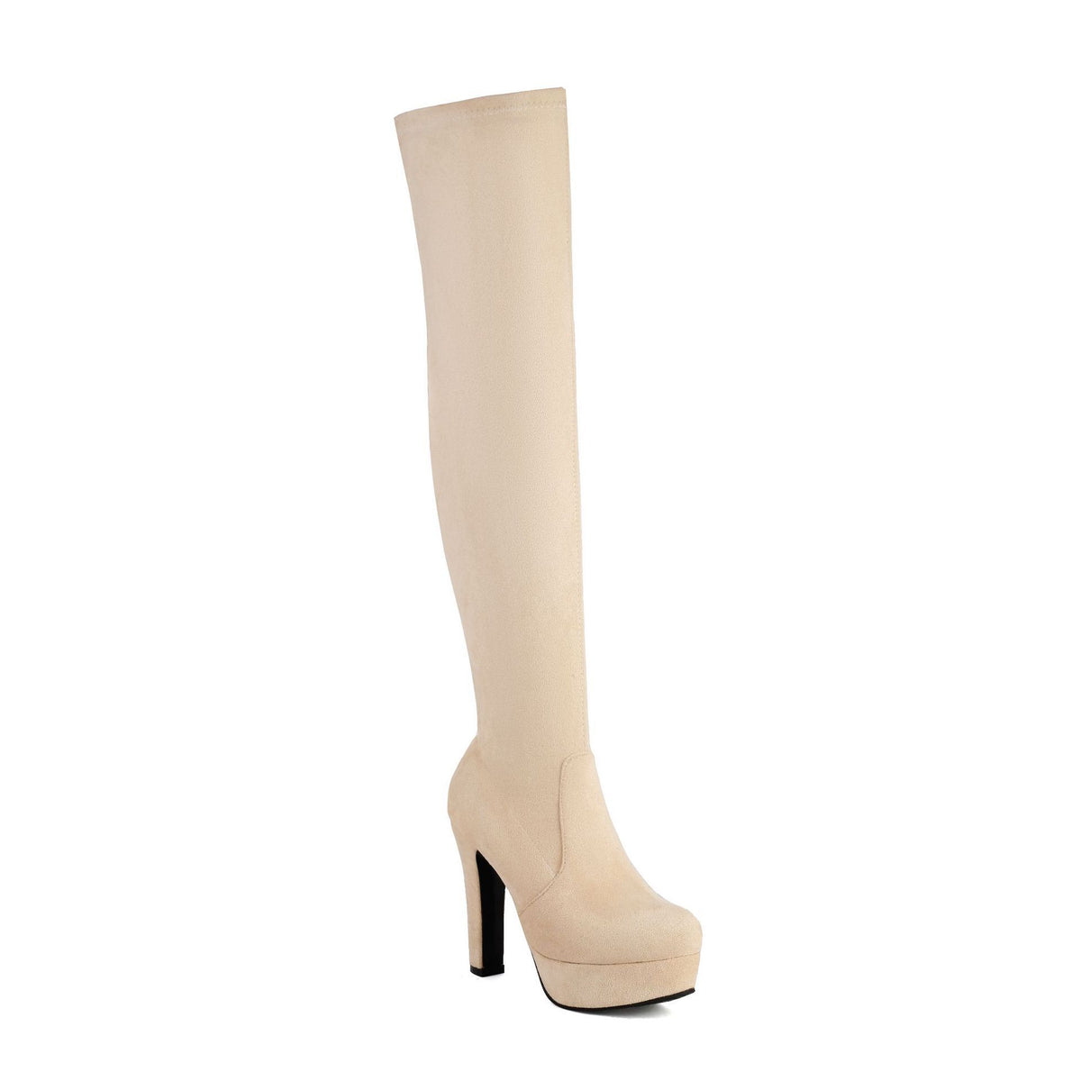 Women's Faux Suede Over‑The‑Knee Platform Thigh High Boots, Stretch Slim Fit Chunky Block Heel Long Boots, Side Zipper Nightclub Party Heeled Boots