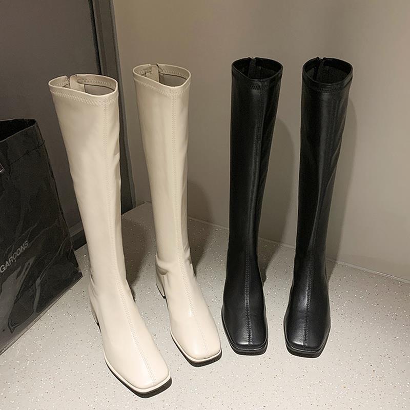 Women's Faux Leather Square Toe Knee High Boots, Back Zipper Stretch Tall Block Heel Boots, Elegant Slim Fit Long Boots Fall Winter Footwear Black Off‑White