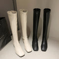 Women's Faux Leather Square Toe Knee High Boots, Back Zipper Stretch Tall Block Heel Boots, Elegant Slim Fit Long Boots Fall Winter Footwear Black Off‑White