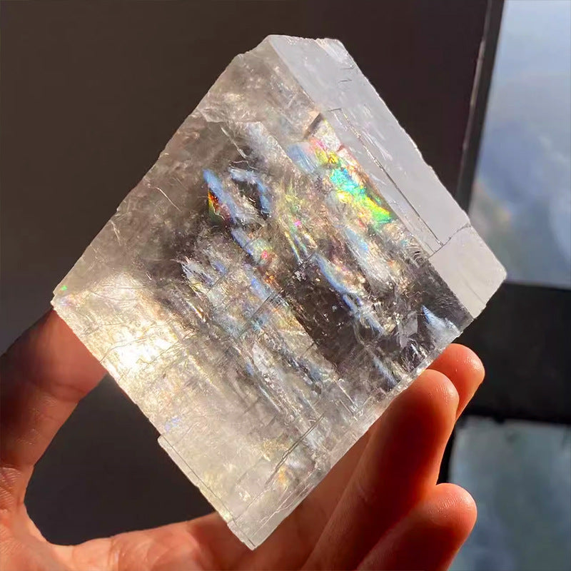 Clear Optical Calcite Rough Slab, Rainbow Flash Iceland Spar Crystal Block Home Decor Specimen