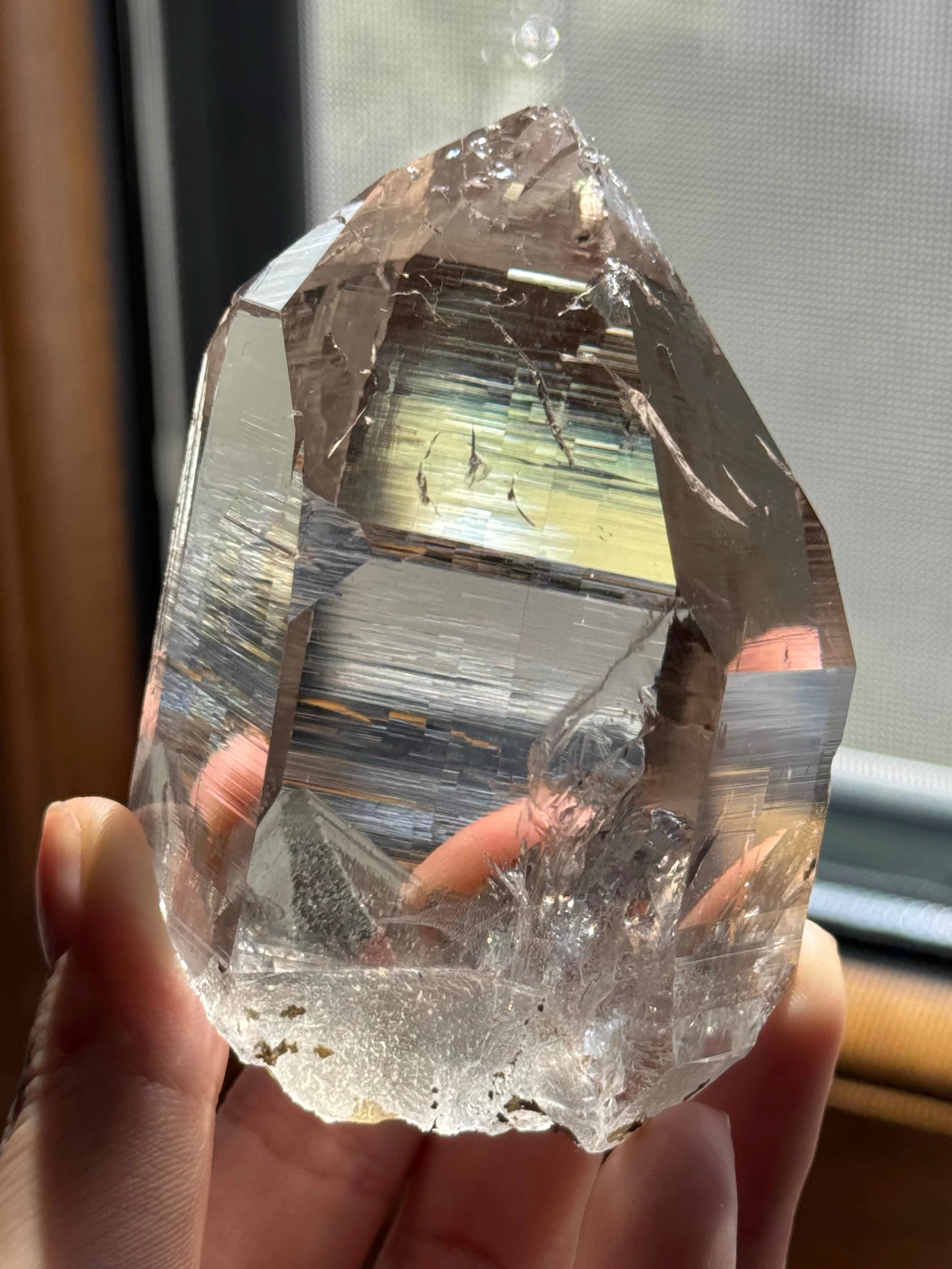 Smoky Toned Clear Crystal Tower Specimen, Horizontal Linear Vein Faceted Crystal Point Desktop Display Ornament