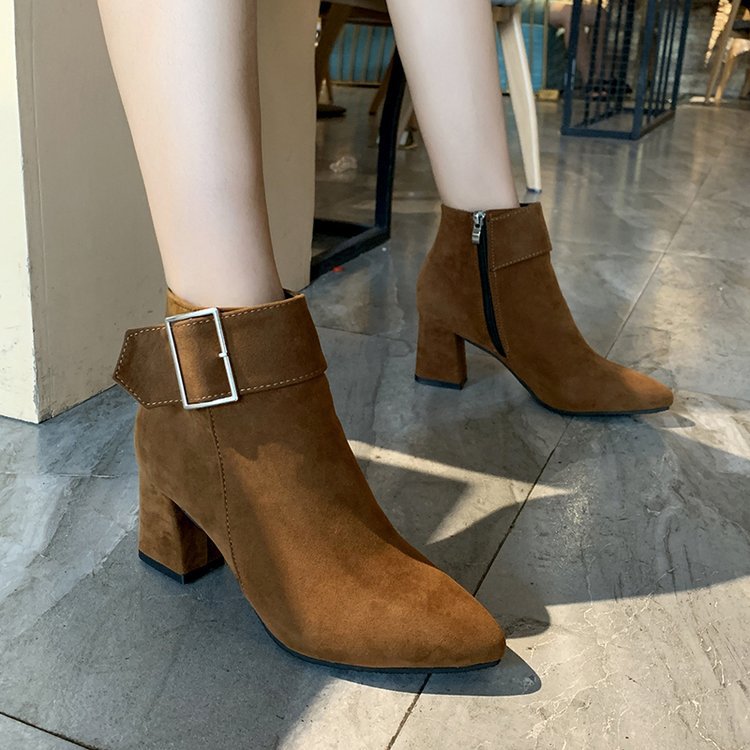 Women's Faux Suede Ankle Boots, Pointed Toe Block Heel Booties with Square Buckle, Side Zipper Chunky Heel Winter Dress Boots, Black Brown Gray Office Casual Footwear