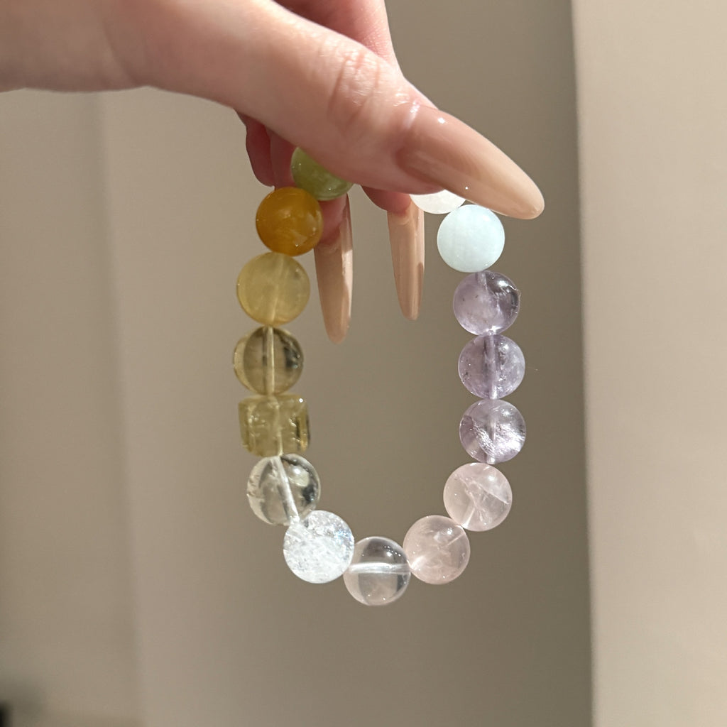 Multi‑Tone Mixed Round & Cube Bead Stretch Bracelet Purple Yellow Green Clear Mixed Beaded Bracelet For Women