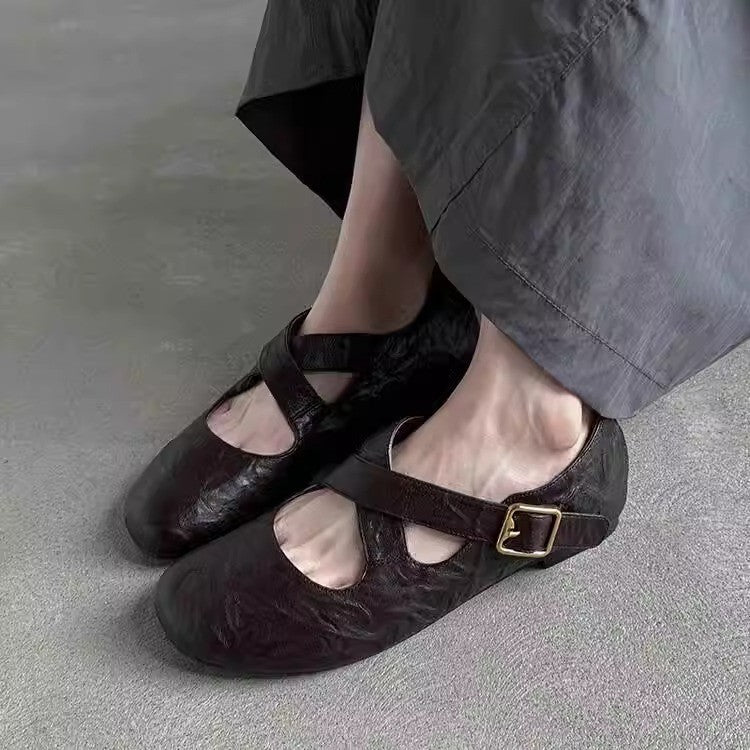 Crinkled Faux Leather Cross‑Strap Mary Jane Flats, Round Toe Buckle Ballet Flat Shoes, Vintage Casual Flat Shoes for Women
