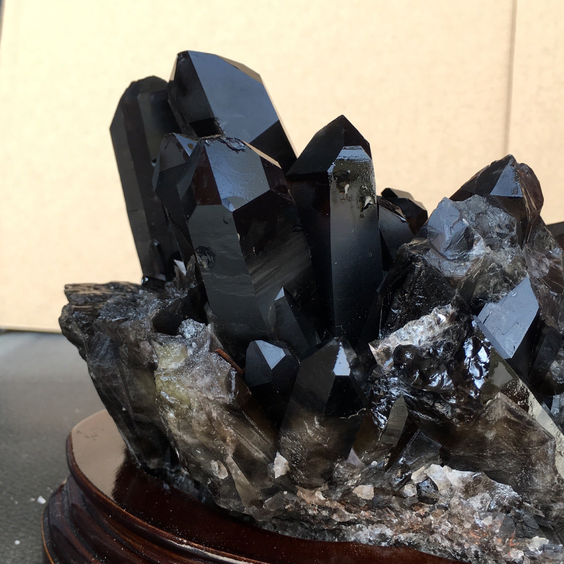 Dark Smoky Black Crystal Cluster Specimen, Polished Hexagonal Prism Display Decor With Wooden Base