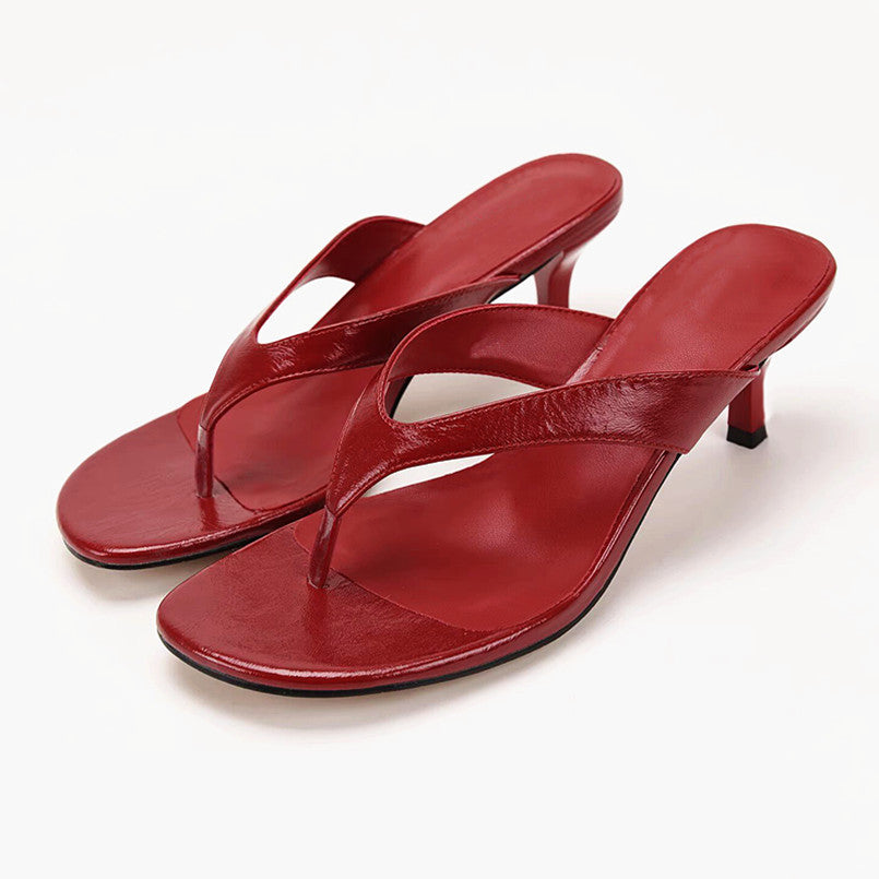 Women's Square Toe Thong Kitten Heel Mule Sandals, Slip‑On Flip Flop Mid Heel Dress Slippers, Red Black Brown Minimalist Evening Heels for Ladies