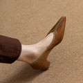 Brown Pointed Toe V-Cut Low Block Heel Pumps, Casual Synthetic Leather Slip-On Dress Shoes, Elegant Low Heel Office Daily Pumps for Women