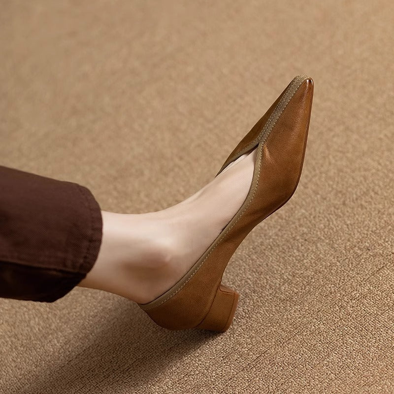 Brown Pointed Toe V-Cut Low Block Heel Pumps, Casual Synthetic Leather Slip-On Dress Shoes, Elegant Low Heel Office Daily Pumps for Women