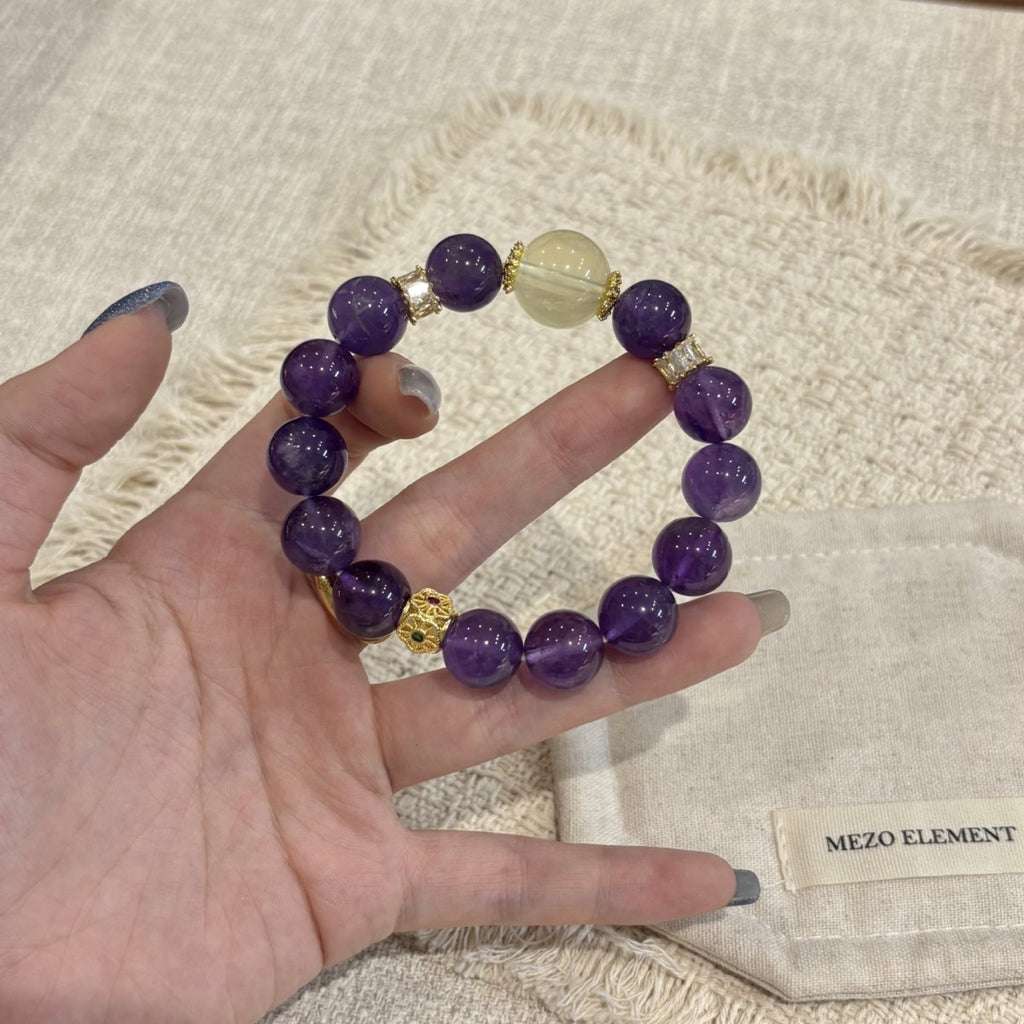 Deep Purple Round Bead Bracelet With Pale Yellow Bead & Gold‑Tone Decorative Spacers Women Elastic Beaded Bracelet