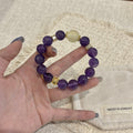 Deep Purple Round Bead Bracelet With Pale Yellow Bead & Gold‑Tone Decorative Spacers Women Elastic Beaded Bracelet