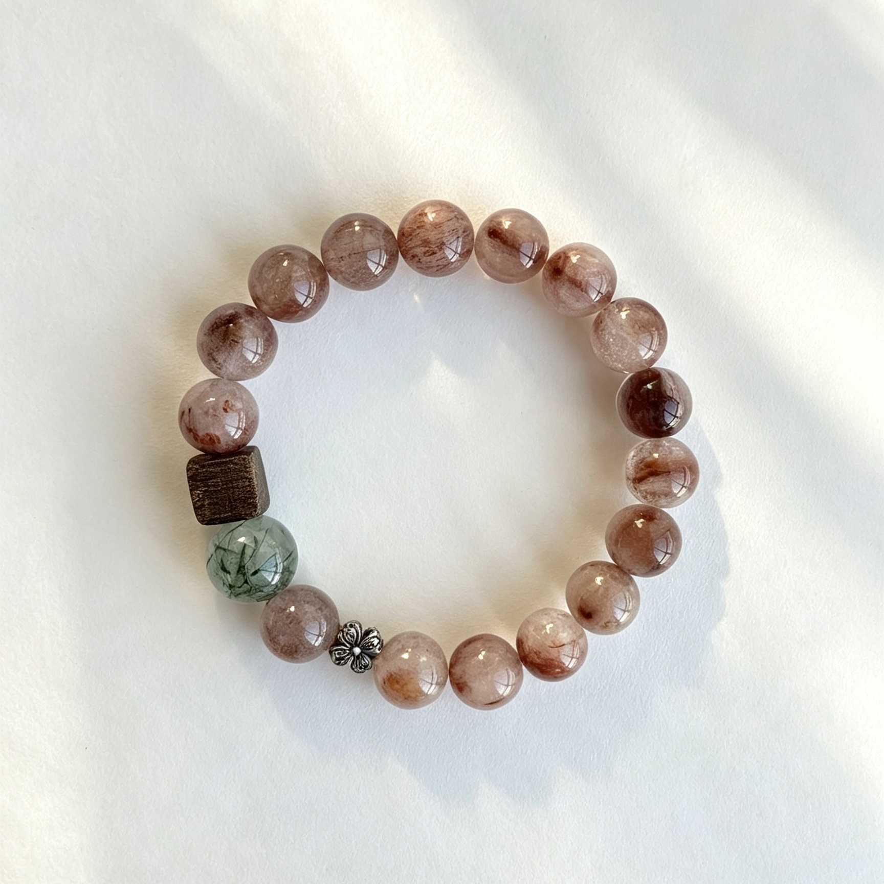 Red Rutilated Quartz Bracelet with Green Rutilated & Agarwood, Minimal Chinese Style Crystal Bracelet