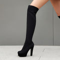 Women's Faux Suede Over‑The‑Knee Platform Thigh High Boots, Stretch Slim Fit Chunky Block Heel Long Boots, Side Zipper Nightclub Party Heeled Boots