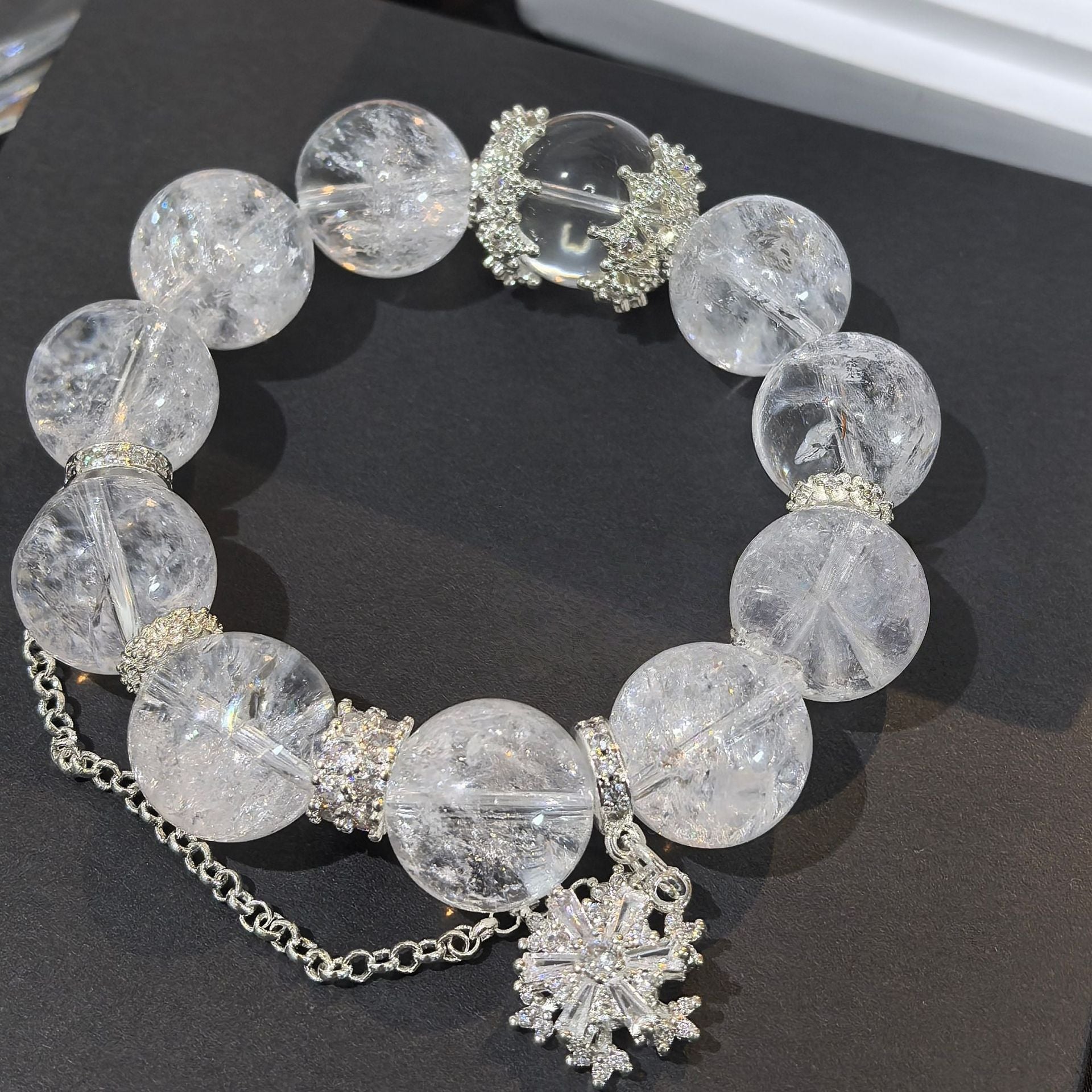 Clear Quartz Beaded Bracelet, Rhinestone Snowflake Charm Stretch Bracelet for Women