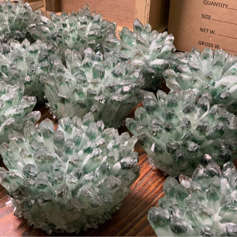 Green Phantom Quartz Crystal Cluster, Decorative Mineral Geode Specimen for Table Display & Collection