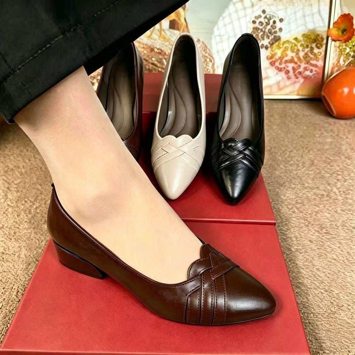 Women's Pointed Toe Block Heel Pumps, Woven Stitch Low Heel Dress Shoes, Comfort Office Work Flats for Ladies Black Beige Dark Brown