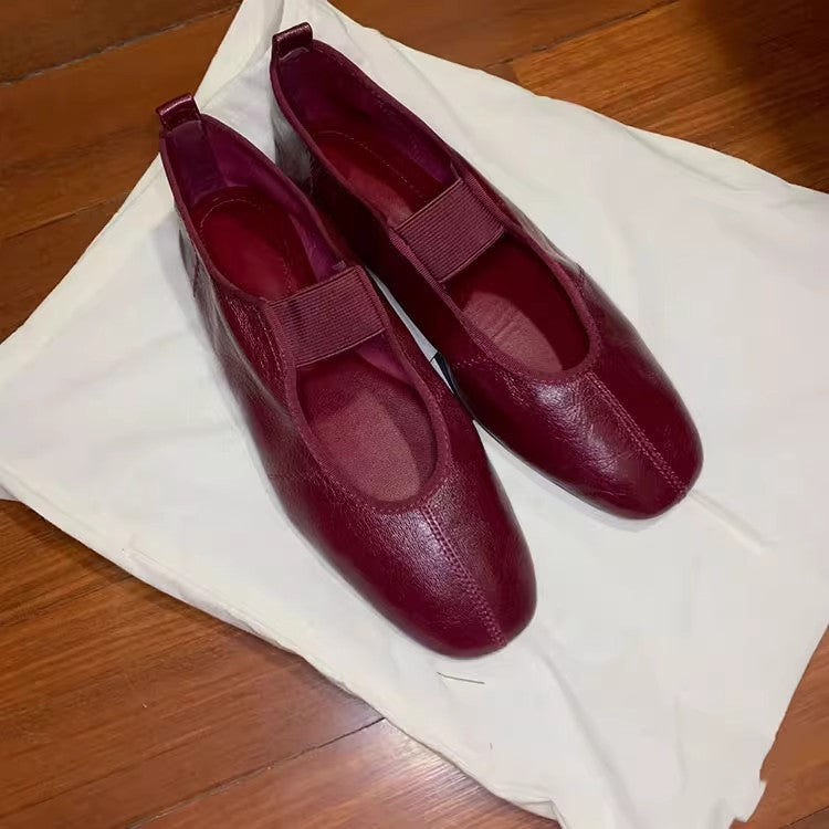 Burgundy Mary Jane Ballet Flats, Elastic Strap Round Toe Soft Leather Women Flat Shoes, Vintage Slip‑On Daily Dress Shoes