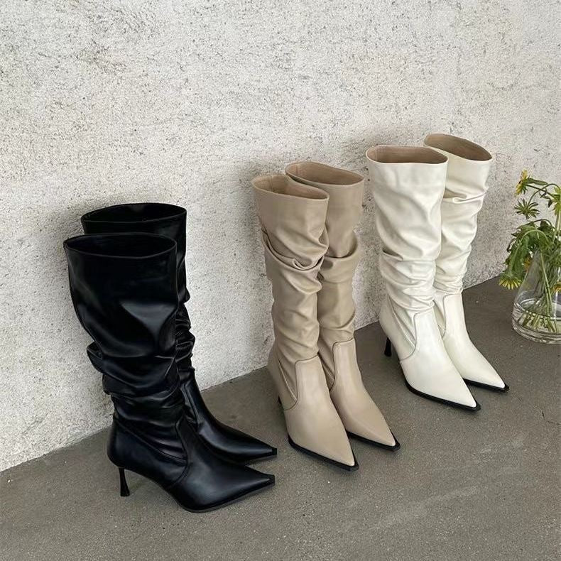 Women's Faux Leather Pointed Toe Knee High Boots, Slouchy Stiletto Heel Tall Boots, Pull On Chunky Thin Heel Dress Boots, Black Off White Khaki Fall Winter Footwear