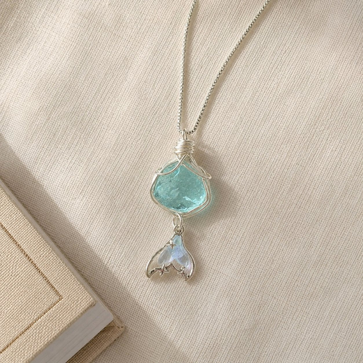 Hand Wire Wrapped Aqua Blue Stone Pendant Necklace, Mermaid Tail Charm Ocean Theme Silver Chain Necklace