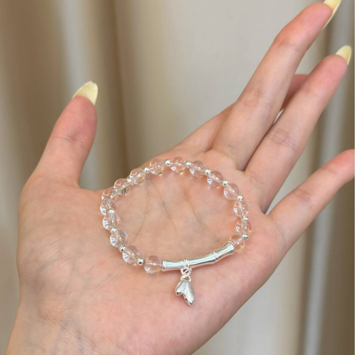 Solid Silver Bamboo Shape Clear Crystal Beaded Stretch Bracelet Leaf Charm Elegant Women Jewelry