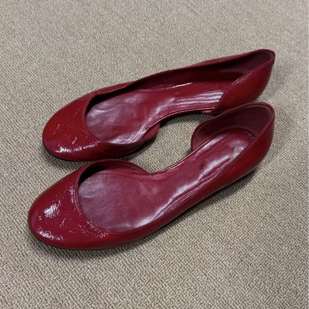 Women's Burgundy Patent D'Orsay Flat Shoes, Round Toe Slip‑On Ballet Flats, Elegant Cut‑Out Side Dress Flats