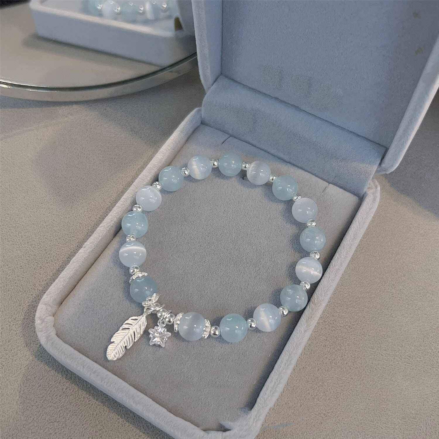 Light Blue Cat Eye Bead Stretch Bracelet, Silver Feather & Star Charm Dainty Beaded Bracelet for Women