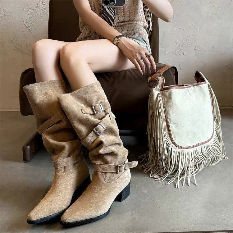Women's Faux Suede Knee High Slouchy Boots, Multi Buckle Straps Pointed Toe Block Heel Western Boots, Pull On Chunky Heel Cowgirl Boots, Khaki Black Fall Winter Footwear