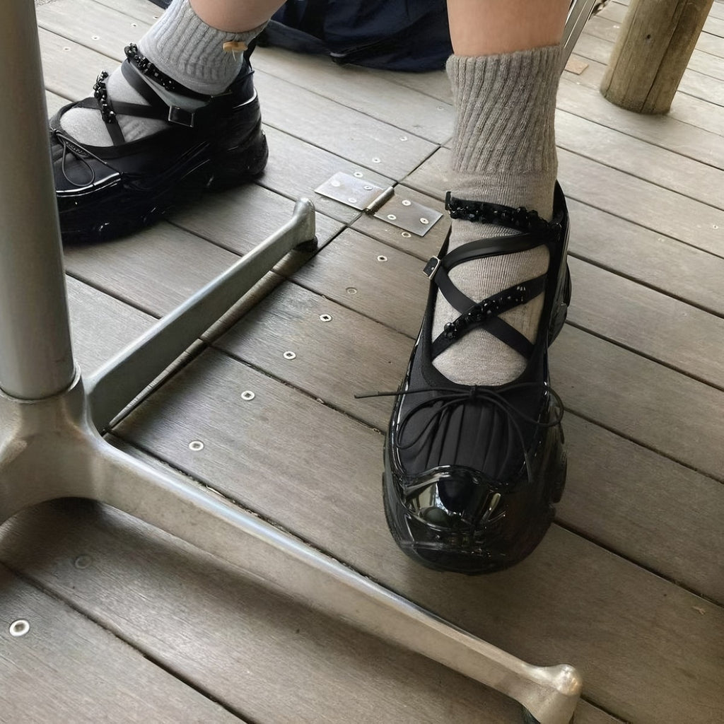 Black Chunky Platform Mary Jane Shoes, Beaded Crisscross Straps Bow Ballet Flats with Thick Sole, Gothic Coquette Footwear for Women