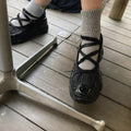 Black Chunky Platform Mary Jane Shoes, Beaded Crisscross Straps Bow Ballet Flats with Thick Sole, Gothic Coquette Footwear for Women